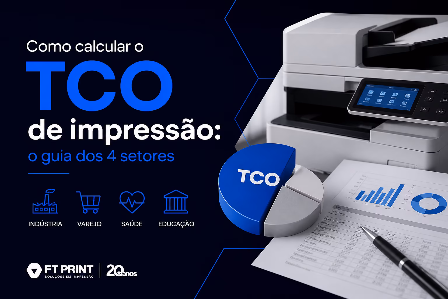 Gráfico ilustrativo do quadrante de responsabilidade de dados: TI, Facilities, Compras e Financeiro com suas contribuições ao cálculo do TCO de impressão corporativa