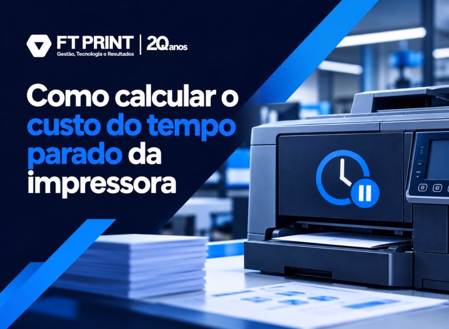 Gráfico mostrando cálculo de custo de impressora parada com cores azuis e brancas em fundo escuro profissional.