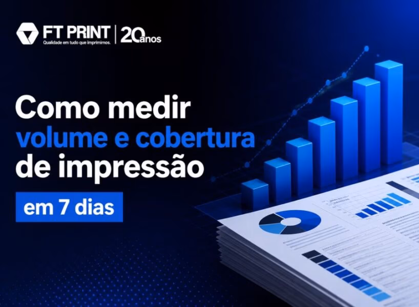 Gráfico mostrando medição de volume e cobertura de impressão em cores azul, branco e preto, ilustrando análise de dados em 7 dias.