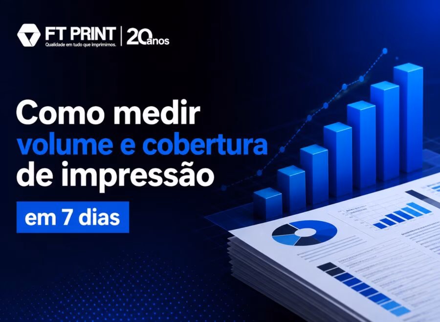 Gráfico mostrando medição de volume e cobertura de impressão em cores azul, branco e preto, ilustrando análise de dados em 7 dias.