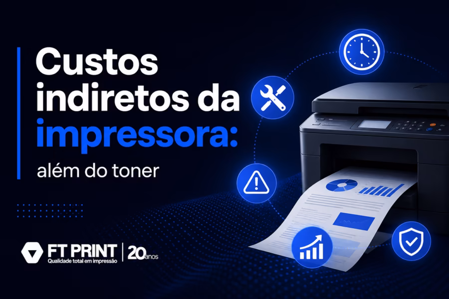 Representação visual de custos indiretos da impressora corporativa: energia, espaço, descarte e capacitação somados ao toner