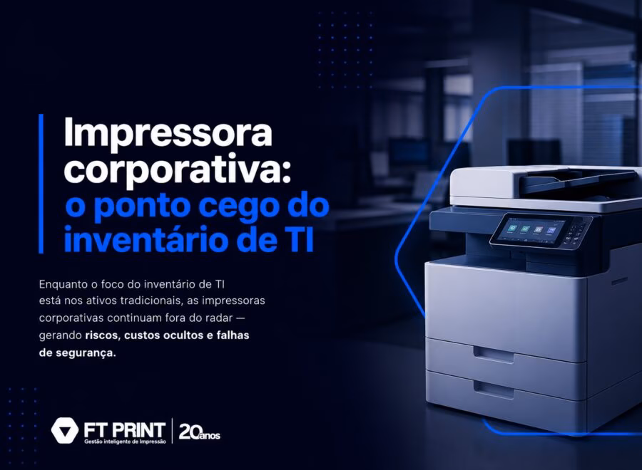 Imagem de cabeçalho mostrando impressora corporativa em azul e branco, ilustrando gestão de inventário de TI