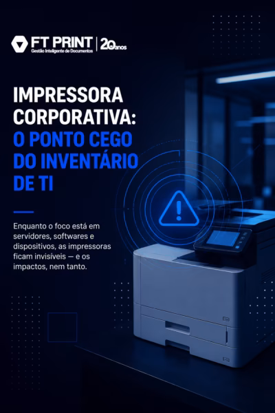 Diagrama representando uma impressora multifuncional corporativa conectada à rede com indicadores visuais de vulnerabilidades de segurança, como portas expostas, disco rígido com dados persistentes e firmware desatualizado.