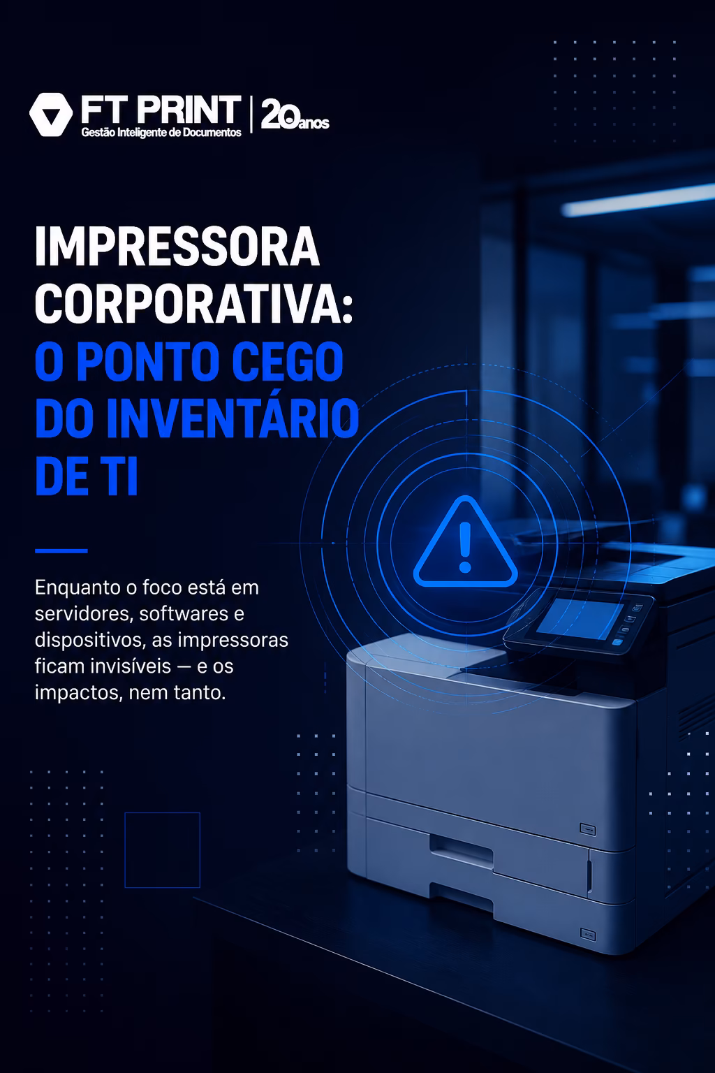 Diagrama representando uma impressora multifuncional corporativa conectada à rede com indicadores visuais de vulnerabilidades de segurança, como portas expostas, disco rígido com dados persistentes e firmware desatualizado.