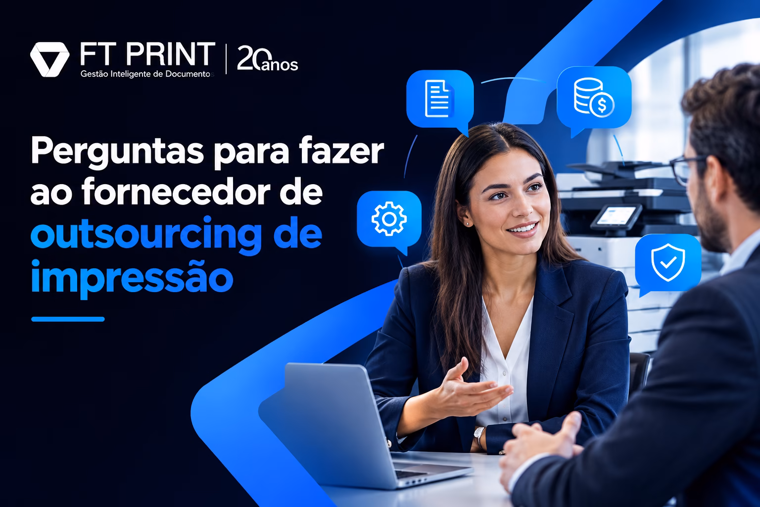 Imagem de destaque com fundo em azul-marinho escuro e elementos gráficos em azul vibrante, ilustrando perguntas sobre outsourcing de impressão