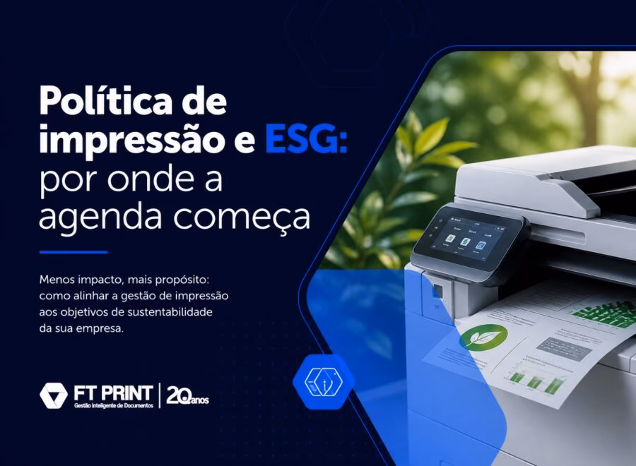 Cabeçalho editorial moderno em azul, branco e preto sobre política de impressão e sustentabilidade ESG