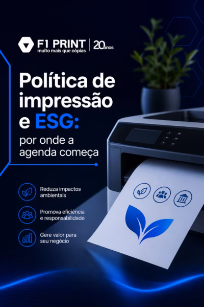 Parque de impressão corporativo com multifuncionais organizadas em ambiente de escritório, representando a integração da política de impressão à agenda ESG