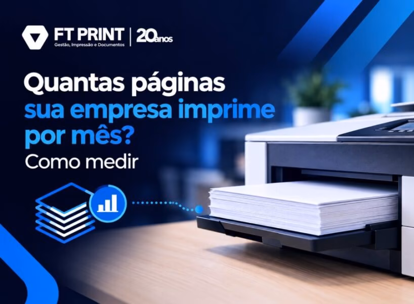 Gráfico em tons de azul e branco mostrando métricas de impressão mensal com ícones de documentos e estatísticas empresariais
