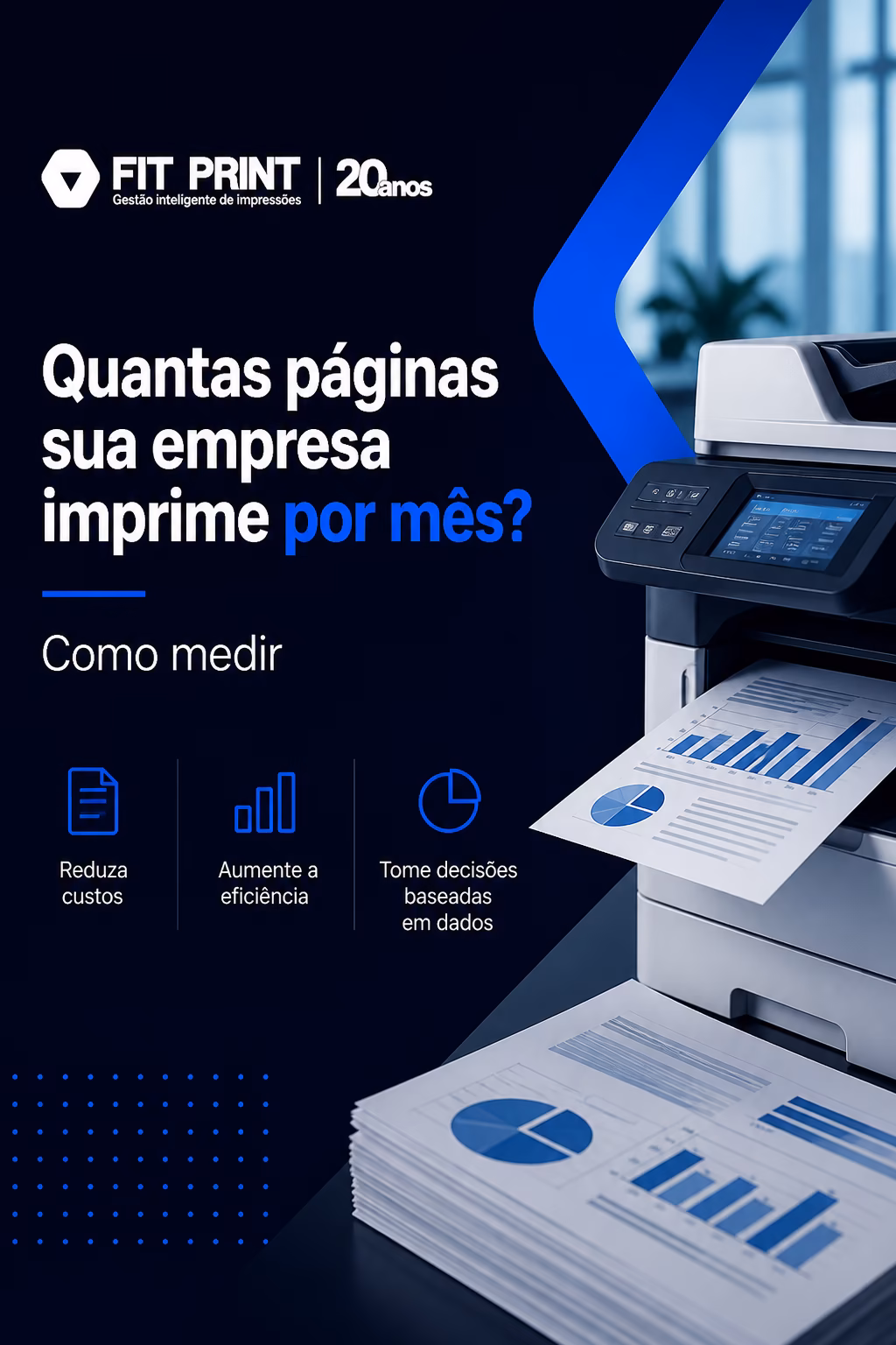 Dashboard com gráficos de volume de impressão mensal, contadores de páginas e métricas de distribuição mono e colorido