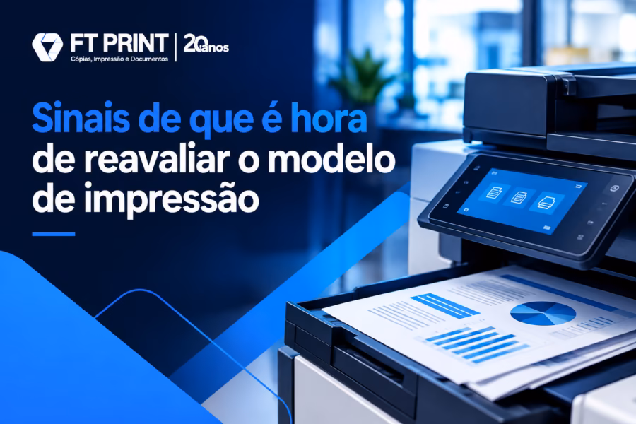 Montagem visual mostrando cenários de impressão corporativa: fila em máquina, cartucho de toner vazio, questionário sobre inventário de equipamentos, e símbolo de dúvida sobre o modelo de gestão