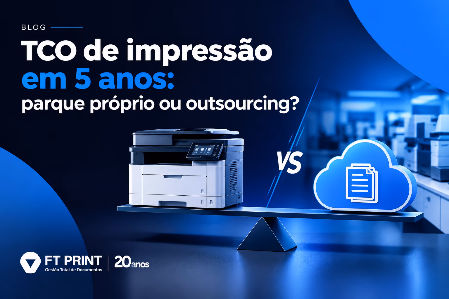 Tabela comparativa de custo total de propriedade em 60 meses para impressão própria e outsourcing, mostrando acumulado mês a mês