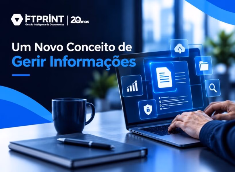Cabeçalho editorial moderno com paleta azul e branco para artigo sobre novo conceito de gestão de informações